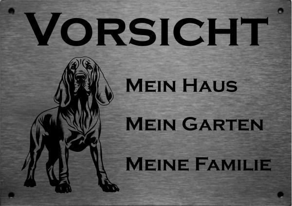 Edelstahl Warnschild Bluthund Bloodhound VORSICHT Mein Haus mein Garten meine Familie